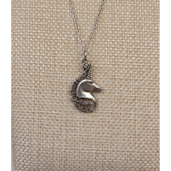 Vintage Ornate Sterling Silver Unicorn Pendant On 18" Sterling XL Necklace - Picture 3 of 7